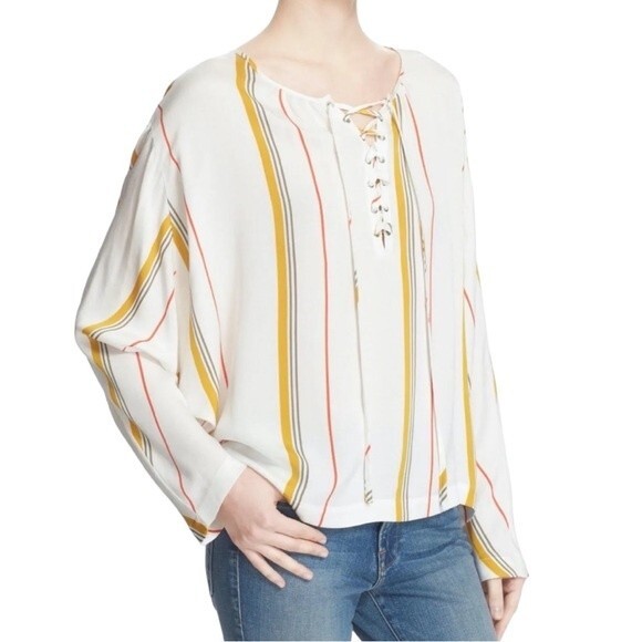 FRAME Le Raglan Lace Up Top in Saffron Summer Stripe Size L - Picture 1 of 6